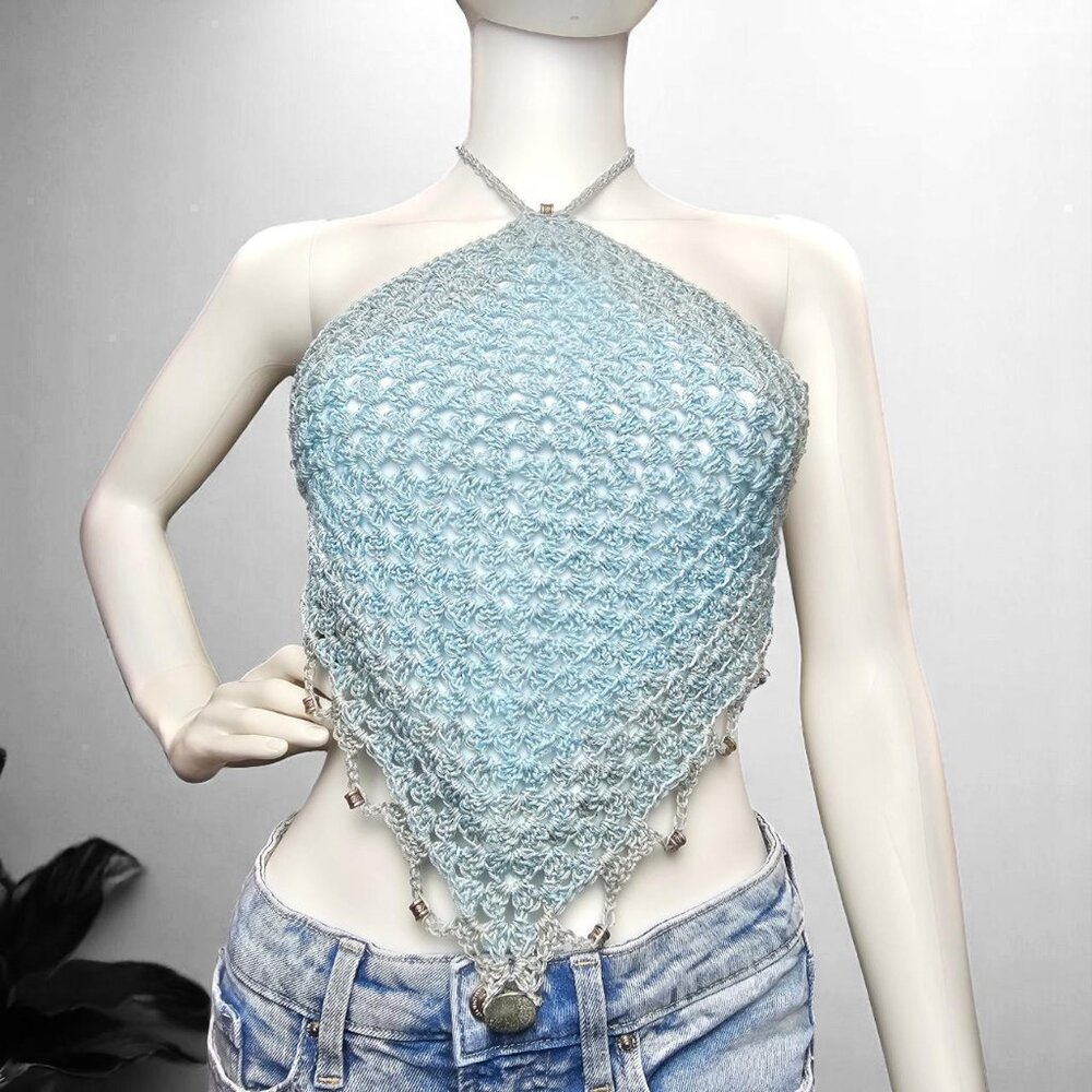 🌊 Sky Blue Crochet Halter Top‎ – Lightweight & Lined - Picture 2 of 8
